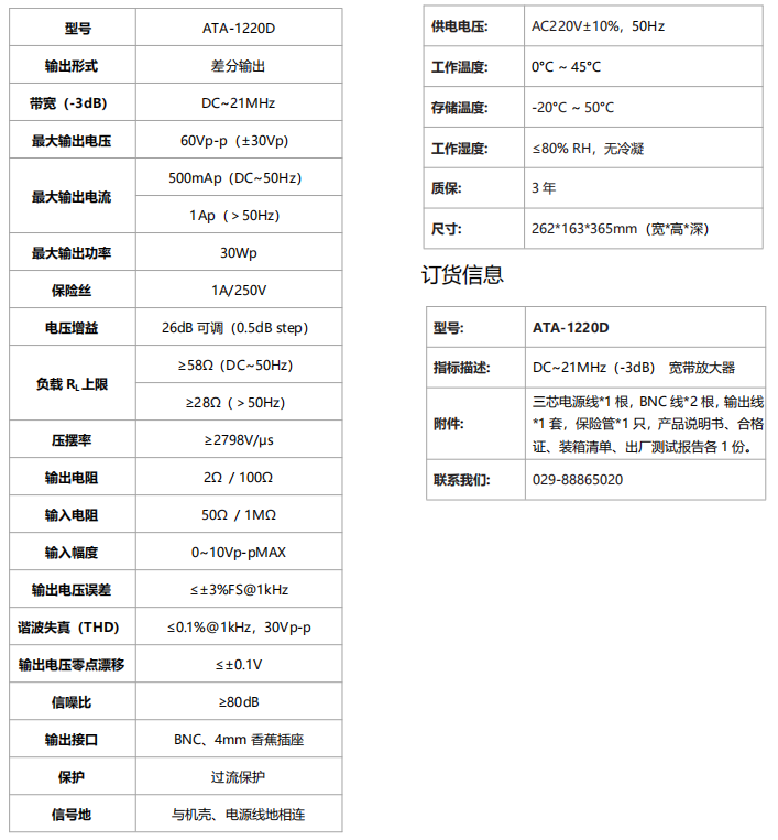 ATA-1220D宽带放大器指标参数