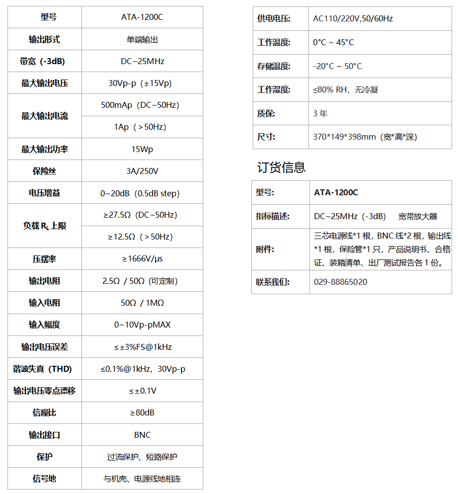 ATA-1200C宽带放大器指标参数