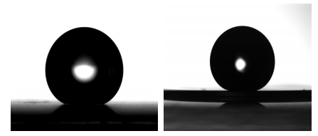 不同柱高液滴初始状态（左图为低微米柱；右图为纳米柱高）