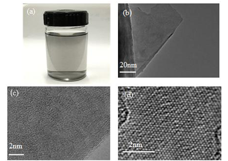 石墨烯分散液实物图以及石墨烯分散液在不同比例尺下的TEM表征图