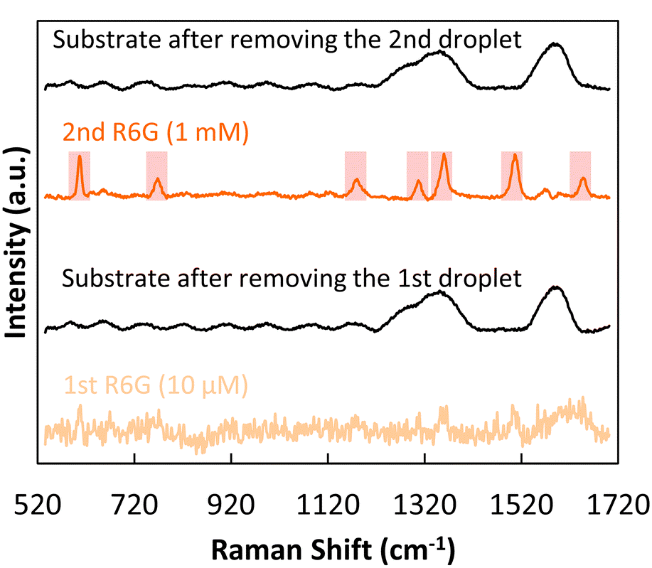 分别含有10μM和1mM罗丹明6G（R6G）的两个液滴的拉曼信号