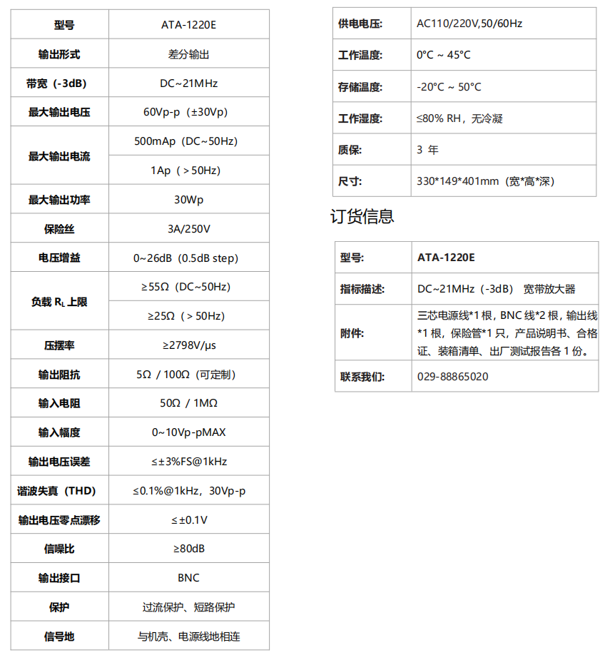 ATA-1220E宽带放大器指标参数