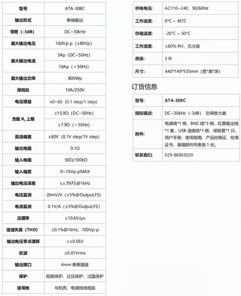 ATA-308C功率放大器規(guī)格參數(shù)